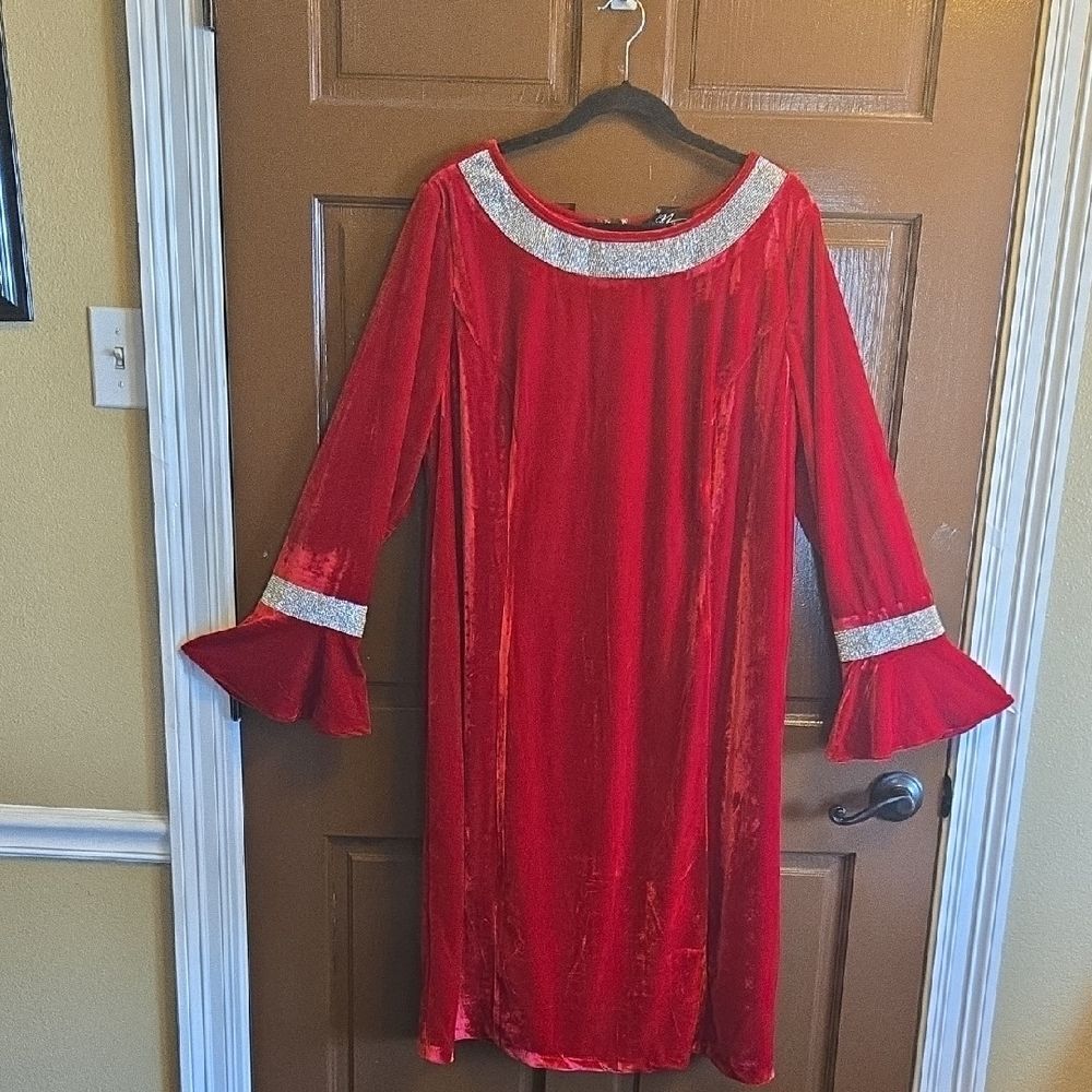 Midnight Velvet-Velvet red sheath dress with  bell sleeves and rhinestones Sz 2X